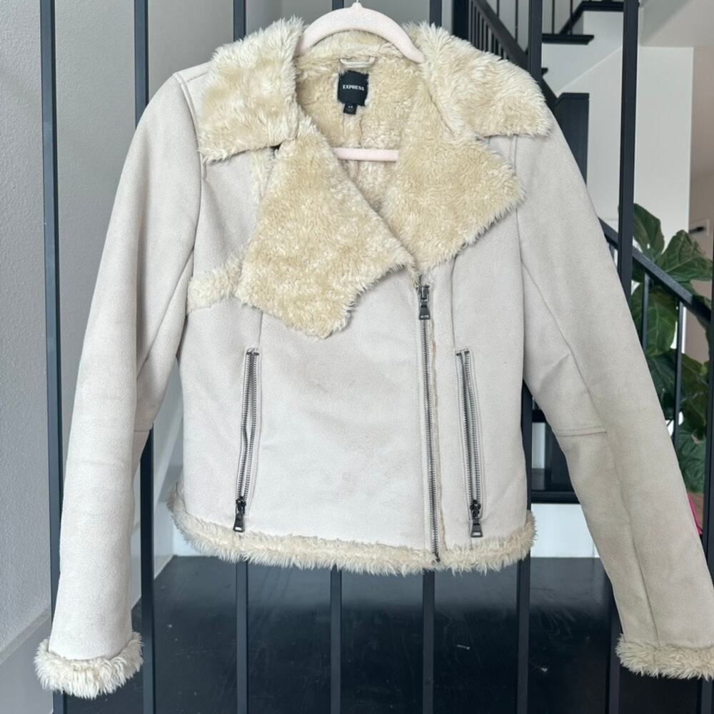 Express-Shearling Moto Jacket-Tan Faux Suede/Fur-XS-Cozy‎ Winter Outerwear